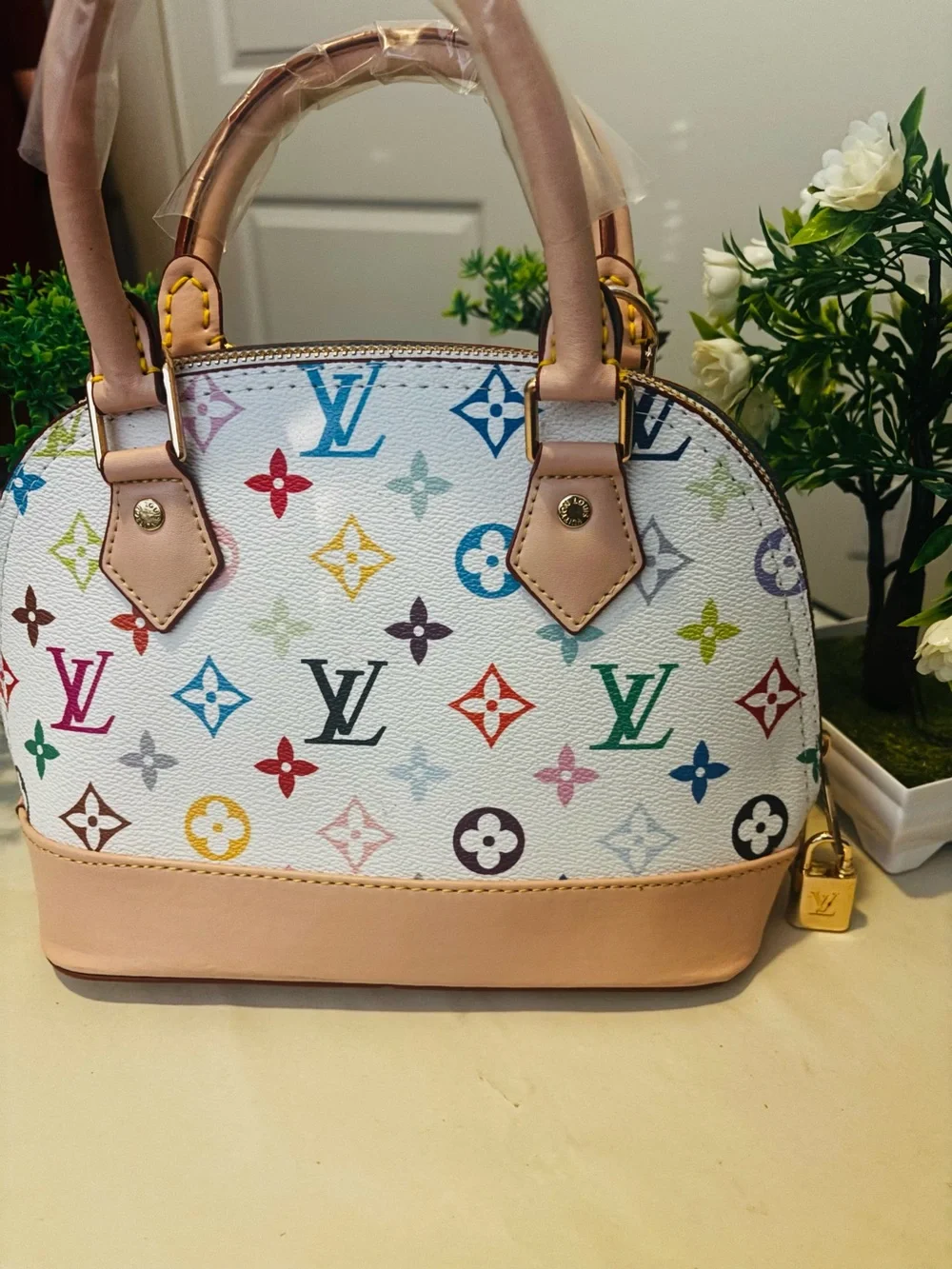 White Multicolor Monogram Mini Alma Satchel